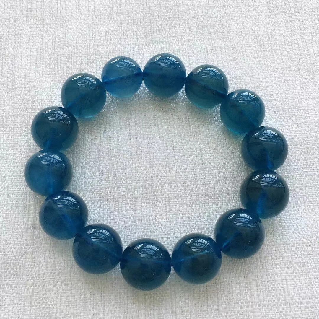 Natural Blue Aquamarine Clear Round Beads Bracelet Women Men 15.1mm Fashion Brazil Deep Blue Aquamarine Jewelry AAAAA