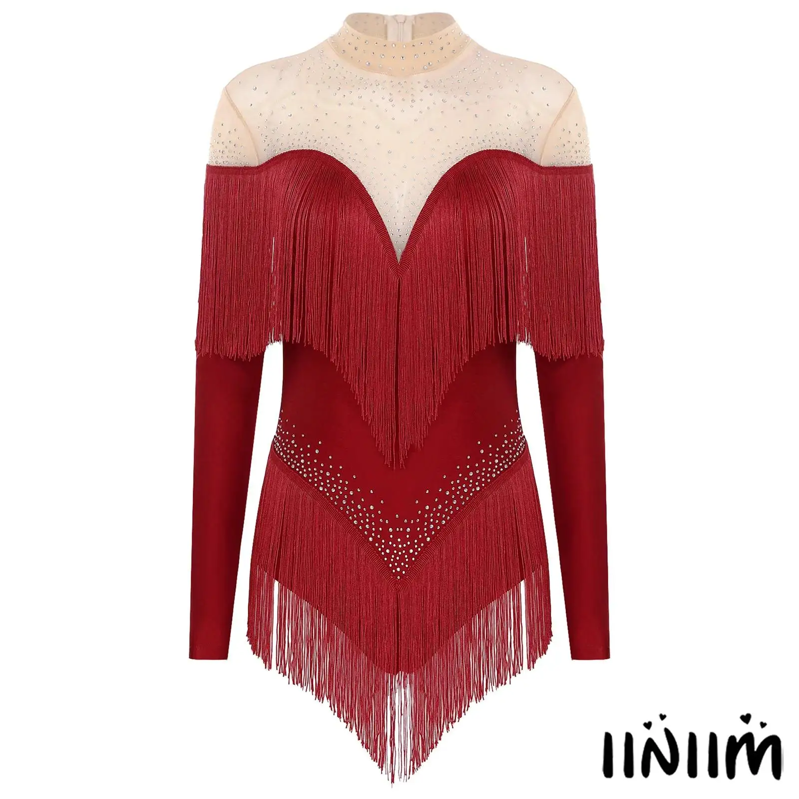 

Womens Elegant Latin Dance Leotard with Sparklng Rhinestone Tassels Sheer Mesh Design for Samba Cha-Cha Tango Dance Performances