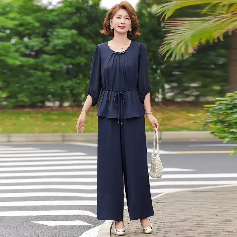 Women's 2 Piece Outfit Beaded Neckline Top and Wide Leg Pants