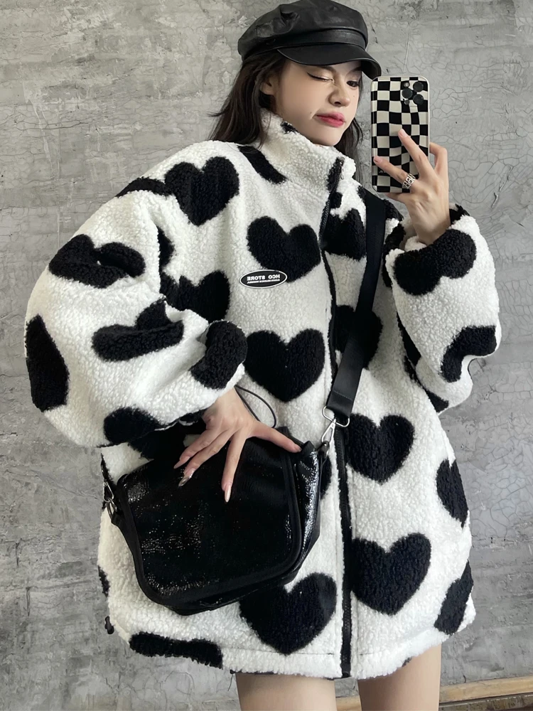 

Y2k Heart Print Coat Women Winter Double Sided Wear Lamb Wool Jacket Female Korean Fashion Warm Zipper Plush Oversized Parkas