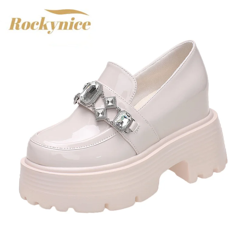 

Women Autumn Leather Chunky Sneakers 10CM Crystal Chain High Heels British Style Platform Shoes Woman Trainers Casual Dad Shoes