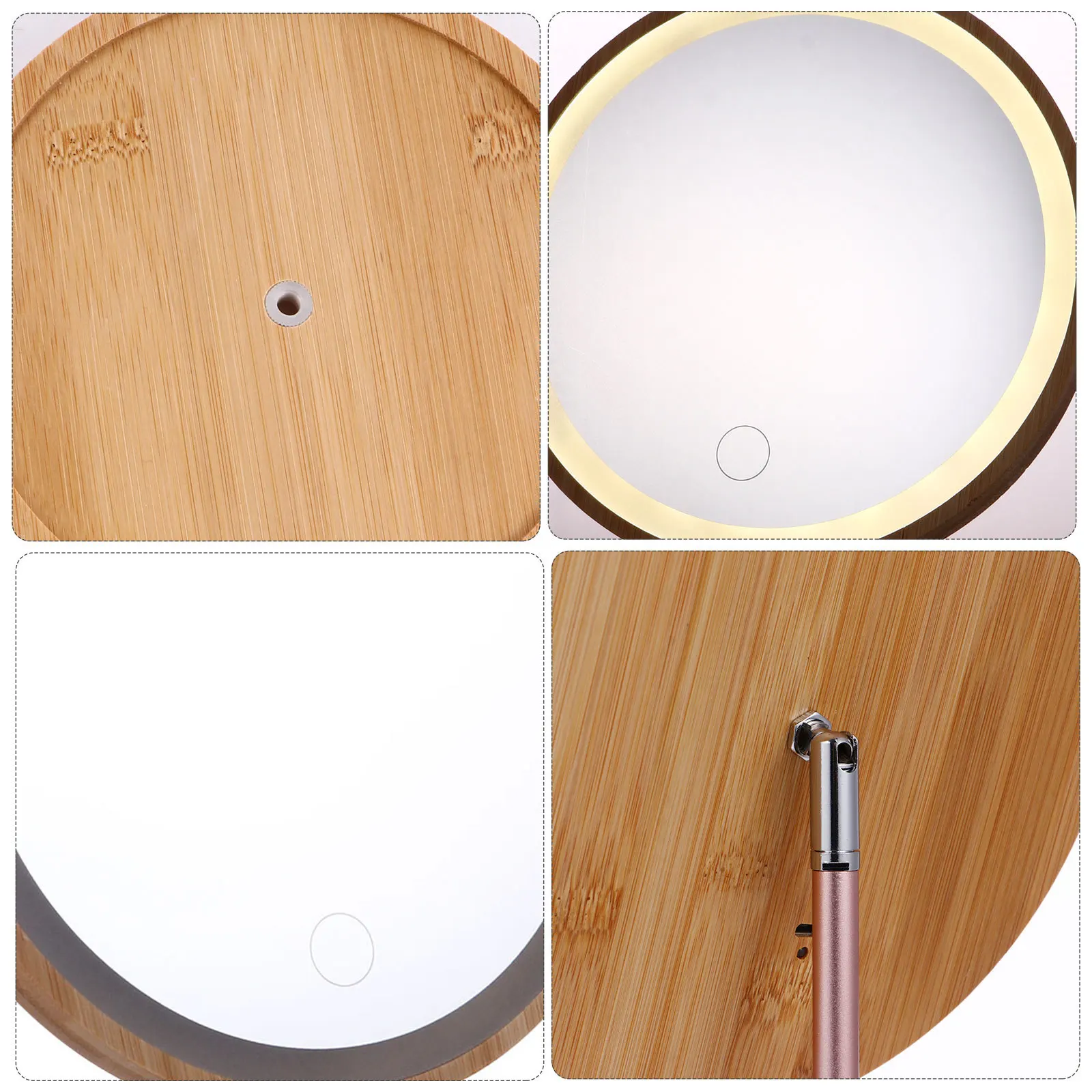 1 قطعة مرآة ماكياج خشبية مستديرة Led سطح المكتب الغرور 90 °   قاعدة ثابتة عالية الدقة للتحكم باللمس لأداة العناية بالبشرة هدية منزلية