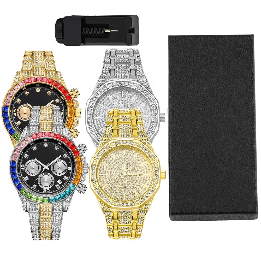 1pc Stylish Quartz Watch Hip-hop Punk Inlay Color Diamonds Polygon Watch Bundled Size Adjuster Men Women Party Jewelry Gift Box
