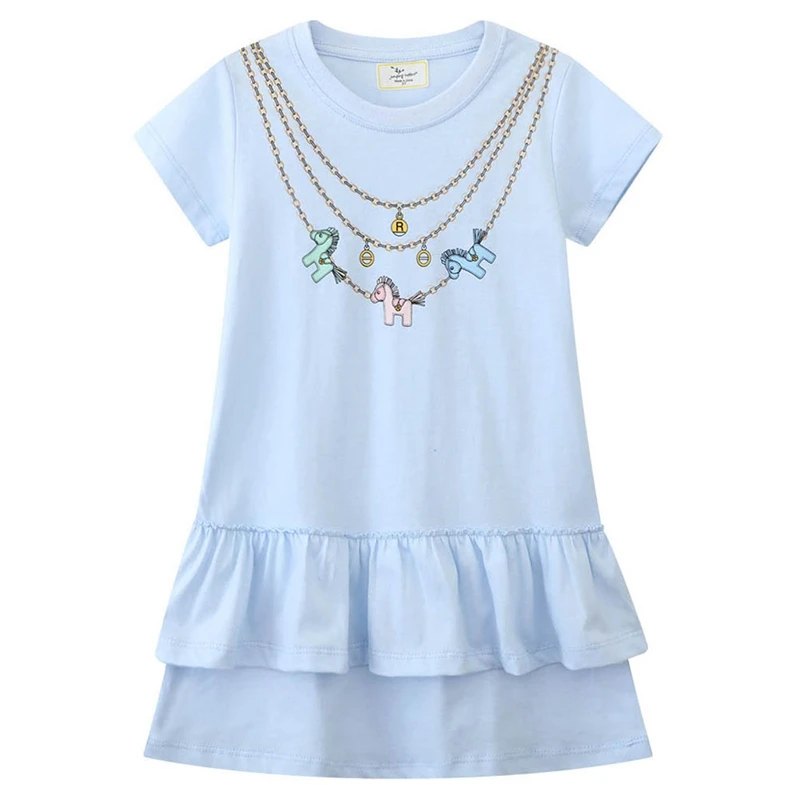 Toddler Girls Short Sleeve Cartoon Horse Necklace Print Solid Ruffled Casual Princess Dress For Party Kids Summer Clothes 1-9Y