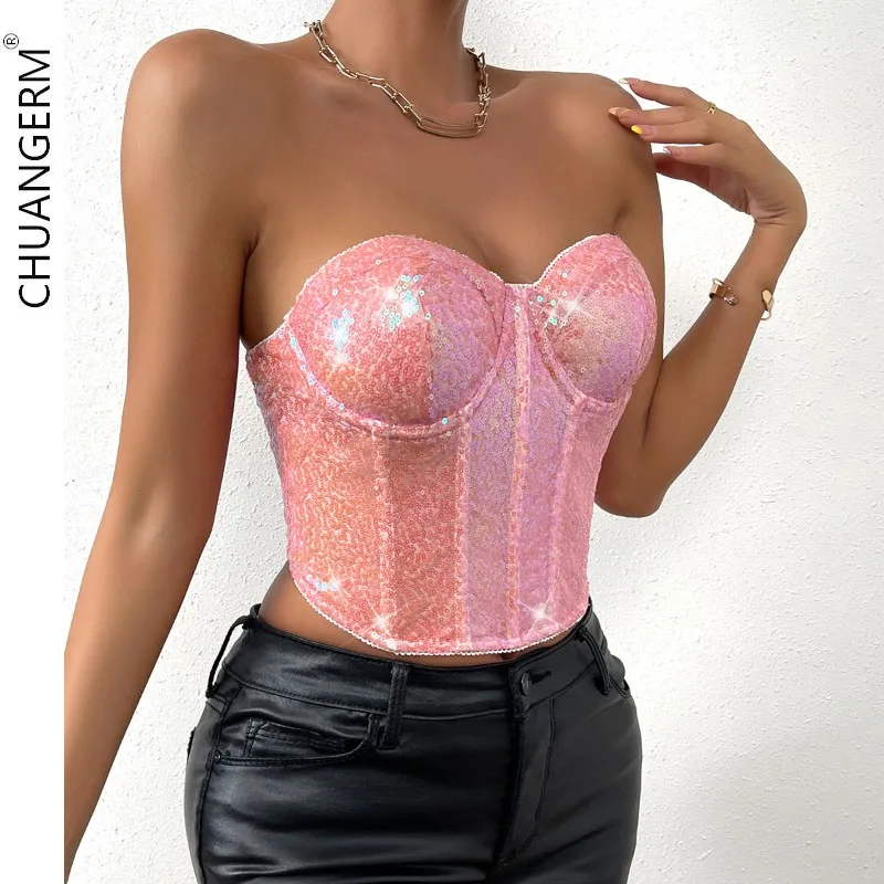 CHUANGERM Sexy Corset Sequin Overbust Vest Sleeveless V-neck Backless Bandage Lingerie Sexy Woman Push Up Bodyshaper Top