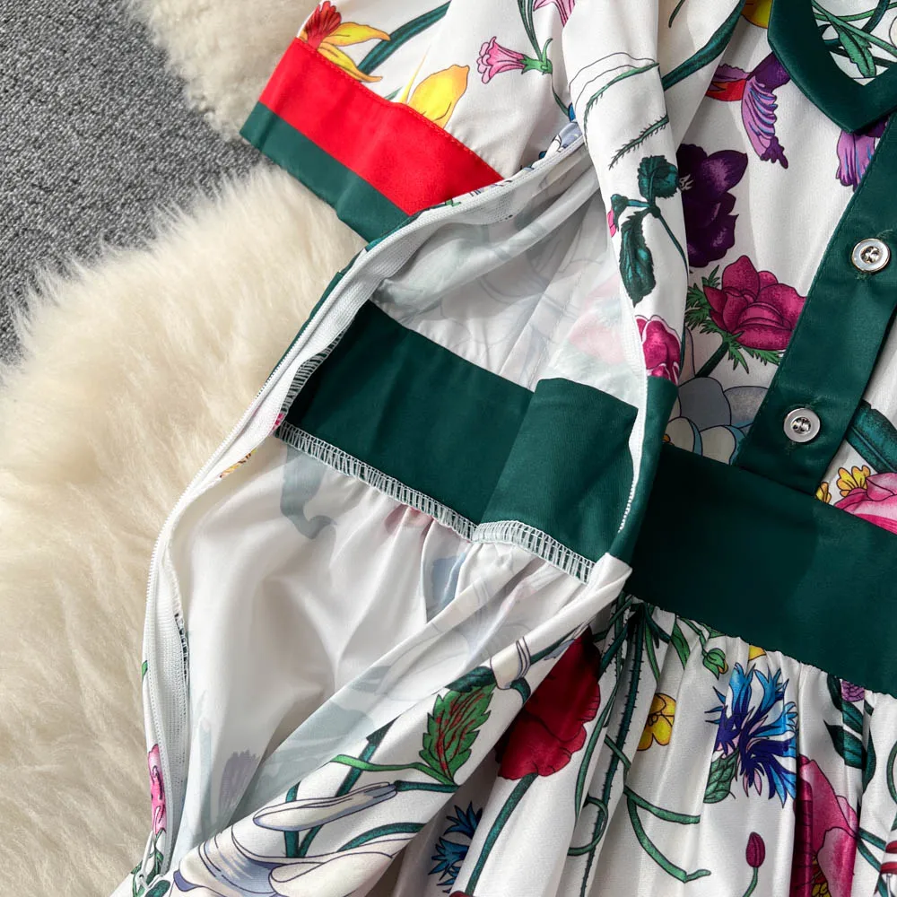 Banulin Summer Runway Designer Pleated Dress Women's Bow Neck Short Sleeve Overlay Flower Print Slim Party Midi Dress Vestidos