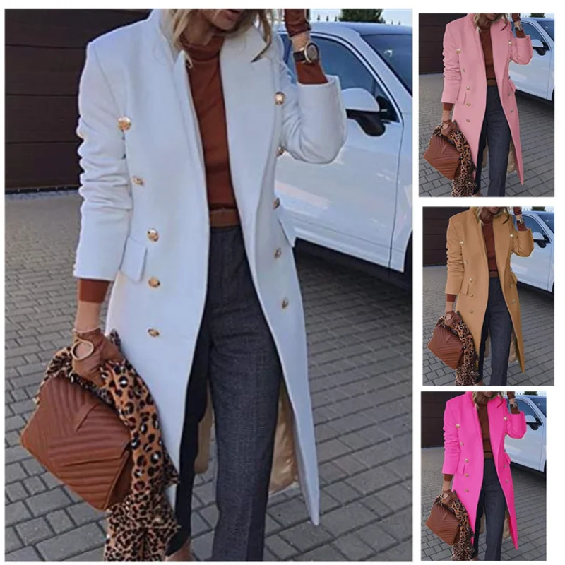 Woolen Coat Women Spring Autumn New Fashion Long Slim Lapel Long Sleeve Blends Jacket Female Clothing White Rose Red Khaki Coats