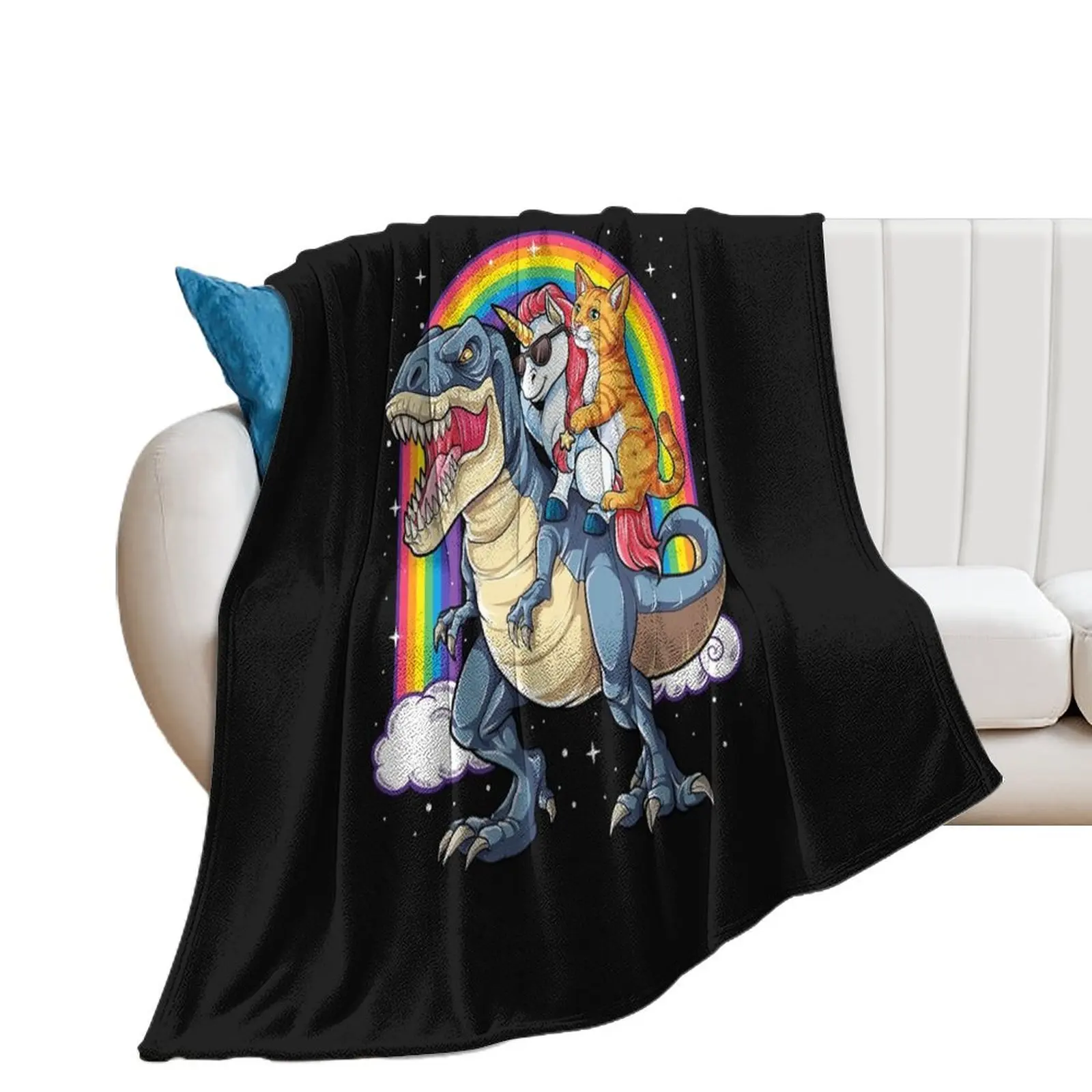 

Cat Unicorn Riding Dinosaur T rex Kitten Lover Space Galaxy Throw Blanket christmas gifts halloween Heavy Plaid Blankets