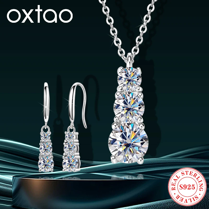 OXTAO With Certified Moissanite Necklace Earrings for Women 3 Stones Sparkling Simulated Diamond 925 Sterling Silver Chain Jewel