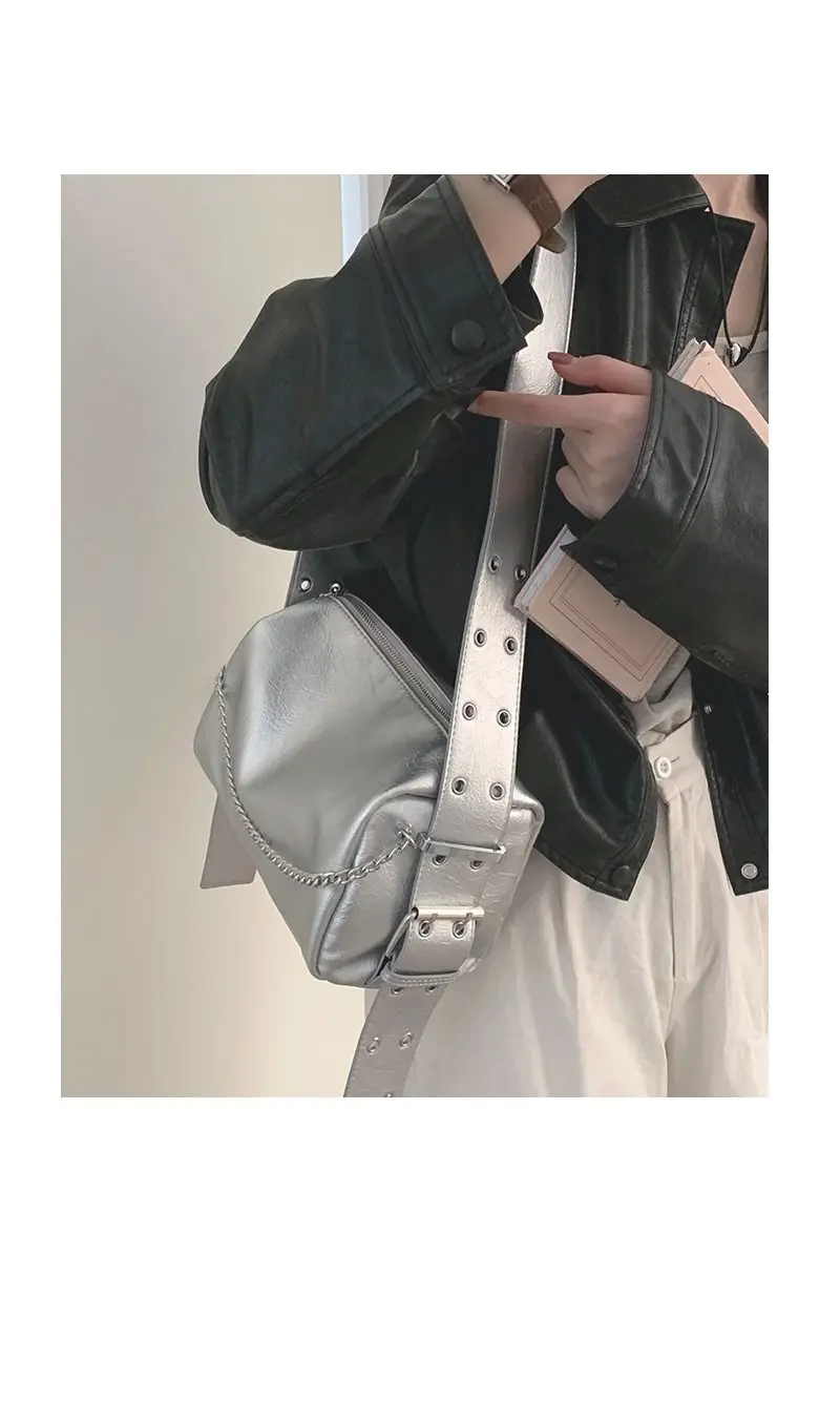 JIAERDI Y2k Grunge Silver Handbags Women 2023 Trend Leather Design Pillow Handbags Ladies Harajuku Large Capacity Messenger Bag