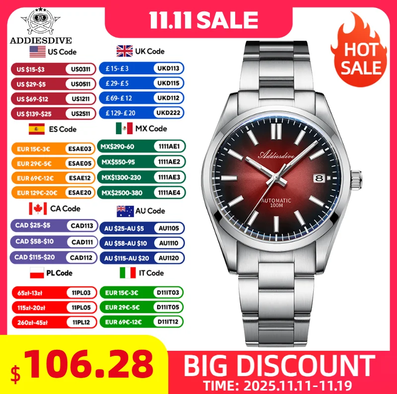 

ADDIESDIVE Men's Automatic Mechanical Watch Waterproof Bubble Sapphire Glass Stainless Steel Super Luminous Luxury Watches Male