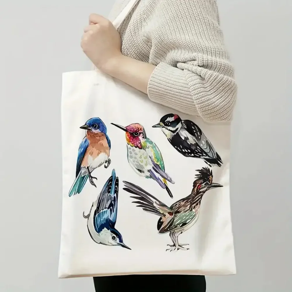 Realistic Watercolor Wild Bird Collection Print Canvas Tote Bag Soft Handbag For Daily Commute And Daily Use