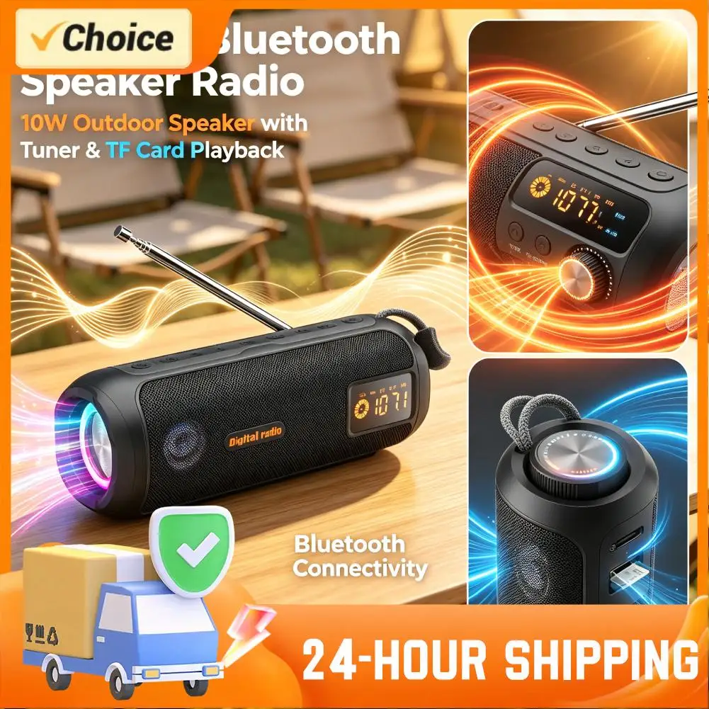 ​Portable Bluetooth Speaker With FM Radio Knob Tuning 10W Stereo Sound 4500mAh Battery TF Card Slot Outdoor Wireless Audio