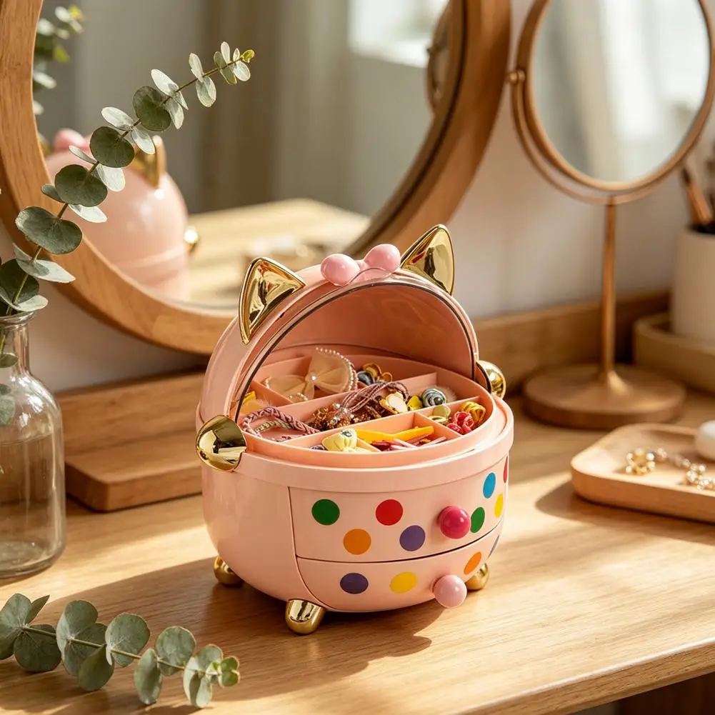 

Aesthetic Cute Cat Storage Box Transparent Dust-Proof Cover Large Capacity Drawer Organizer for Jewelry Desk Decor Gift