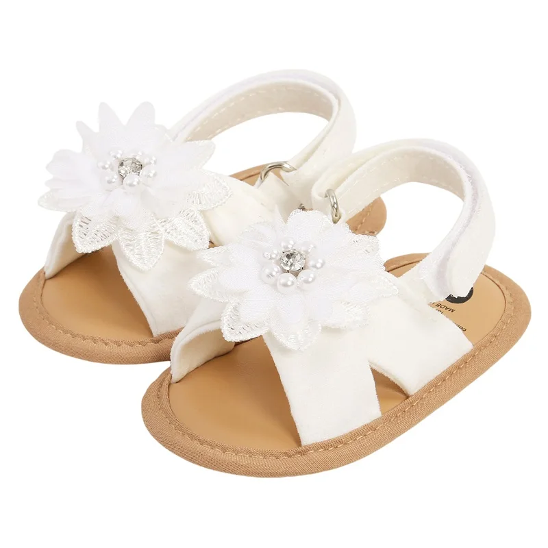 Baby Girls Princess Sandals Big Rhinestone Flower Open Totes Anti-Skid Soft Sole Walking Shoes  Ankle Stick-On Summer Foot