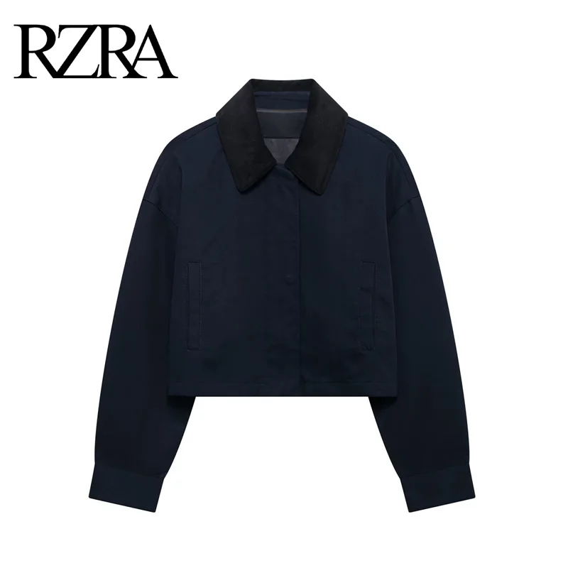 RZRA women's 2024 autumn new casual drooping shoulder long sleeves closed corduroy splicing lapel short jacket