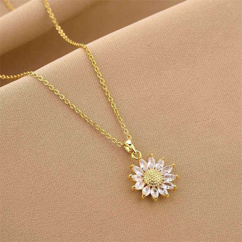 Gold Plated Sunflower Necklace for Women Jewelry Titanium Steel Zircon Big Pendant Necklace Luxury Choker Korea Style Wholesale