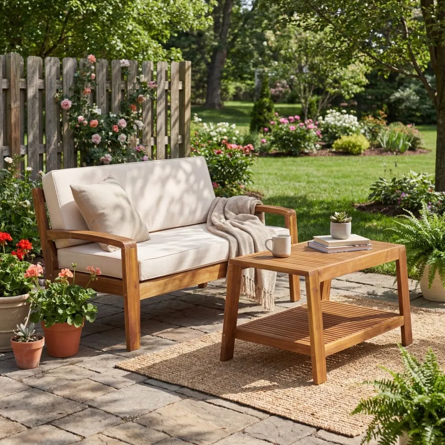 

2-Piece Outdoor Teak Acacia Wood Conversation Set - Loveseat Coffee Table with Beige Water-Resistant Cushions, 350lbs Capacity