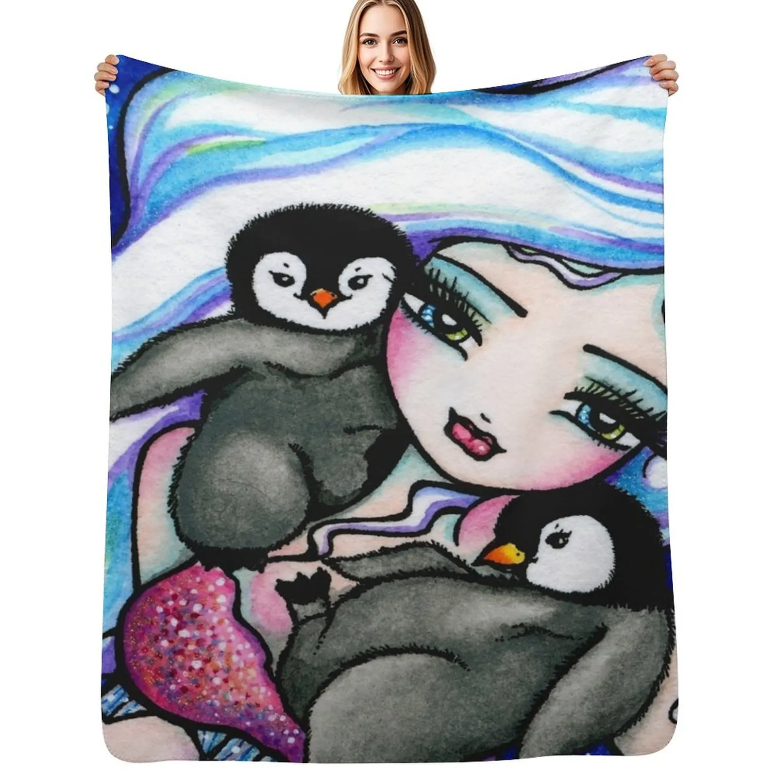 

Frosty Mermaid with Baby Penguin Friends Whimsical Fantasy Art Throw Blanket Portable Lightweight Blanket for Travel Camping