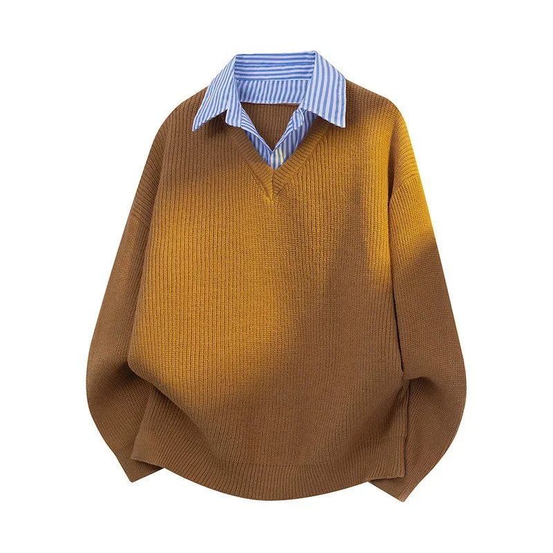 

WASSUP Men's Knitted Sweater Fake Two-Piece Style Breathable High Elasticity Long Sleeve Loose Fit Casual Autumn Fashion