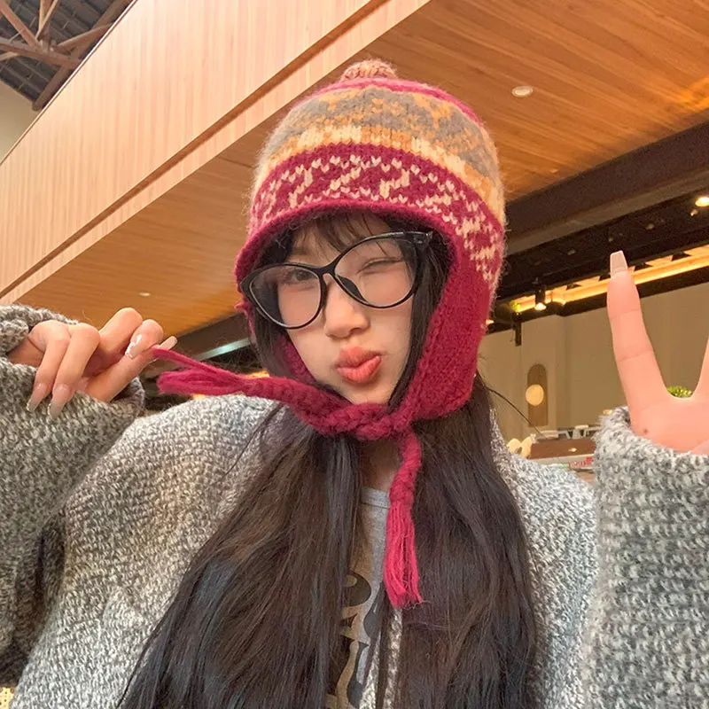 

Retro Knitted Hat Women Winter Warm Beanies Jacquard Niche Blended Pullover Flying Hat Unisex Ear Protector Knitted Bomber Hats