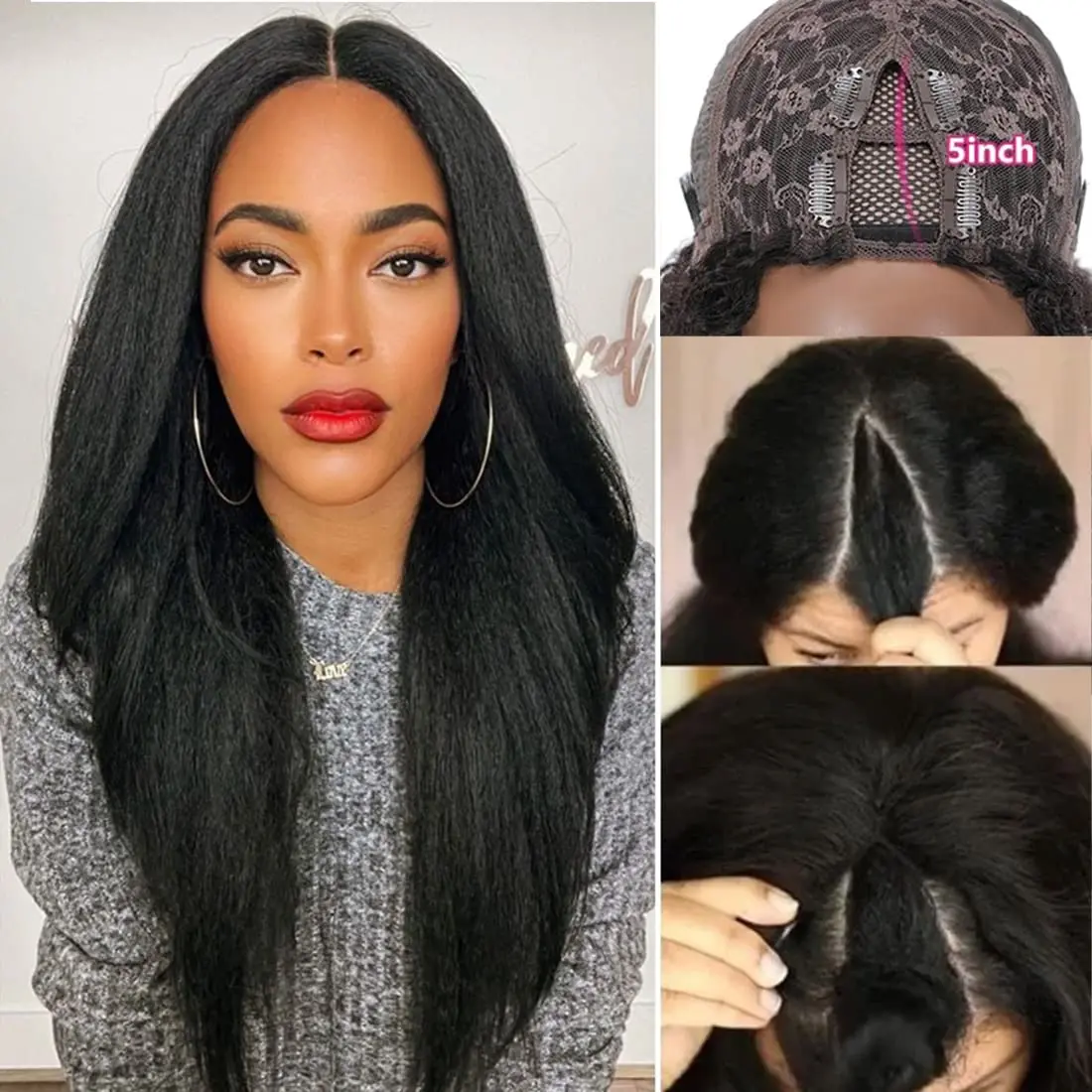 

U Part Wig Yaki Straight Human Hair Wigs For Women Natural Black Remy Brazilian Hair Wigs Real Short Straight Bob glueless Wigs