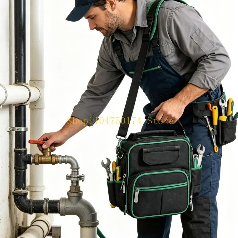 Portable Tool Storage Bag with Front Pocket Sections, Fabric Crossbody Shoulder Bag for Electricians, Repair Technicians, and