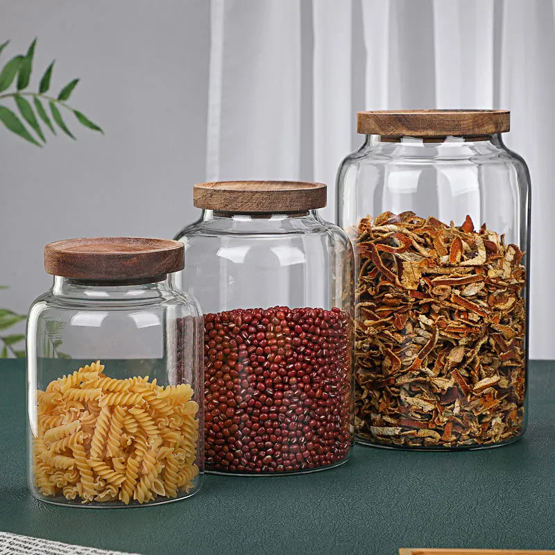 

High borosilicate glass acacia wood lid glass jar food airtight storage jar large storage container Solid wood lid pickle jar