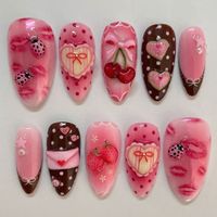 24pcs Sweet Letter Press On Nails Cute Cherry Bowknots Ladybug Strawberry Decor False Nails Blush Pink Almond Fake Nail For Girl
