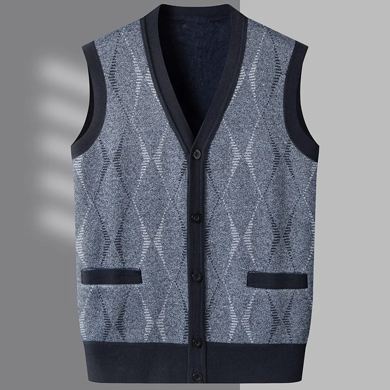 Mens V-Neck Sleeveless Vest Classic Business Gentleman Knitwear Knitted Waistcoat Sweater Men Winter Fleece Tank Tops MY1095