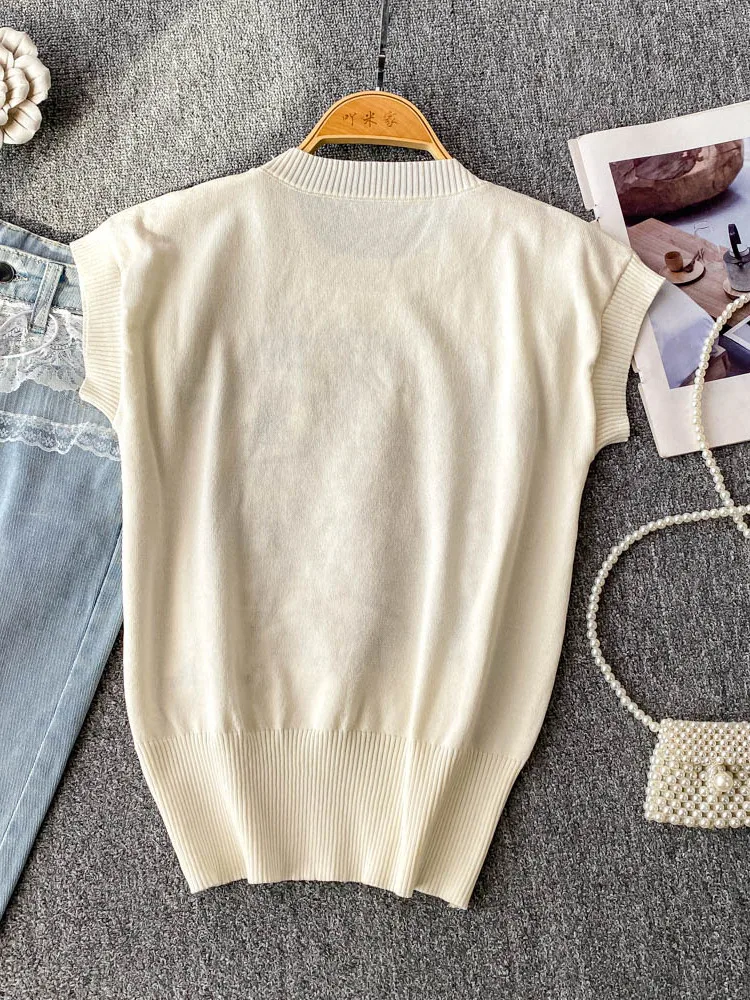 

Korean Sle Heavy Embroidery Knitted ort Sve round Ne T-irt Women Loose Slimming Top Summer Commute Creative Pattern