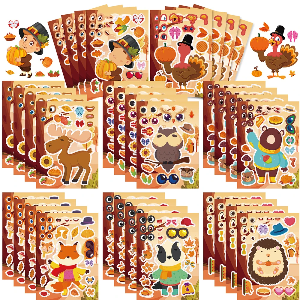 8/16Sheets Thanksgiving Day Turkey Puzzle Stickers Children Make a Face Cartoon Assemble Jigsaw Kids Toys DIY Game Decoration