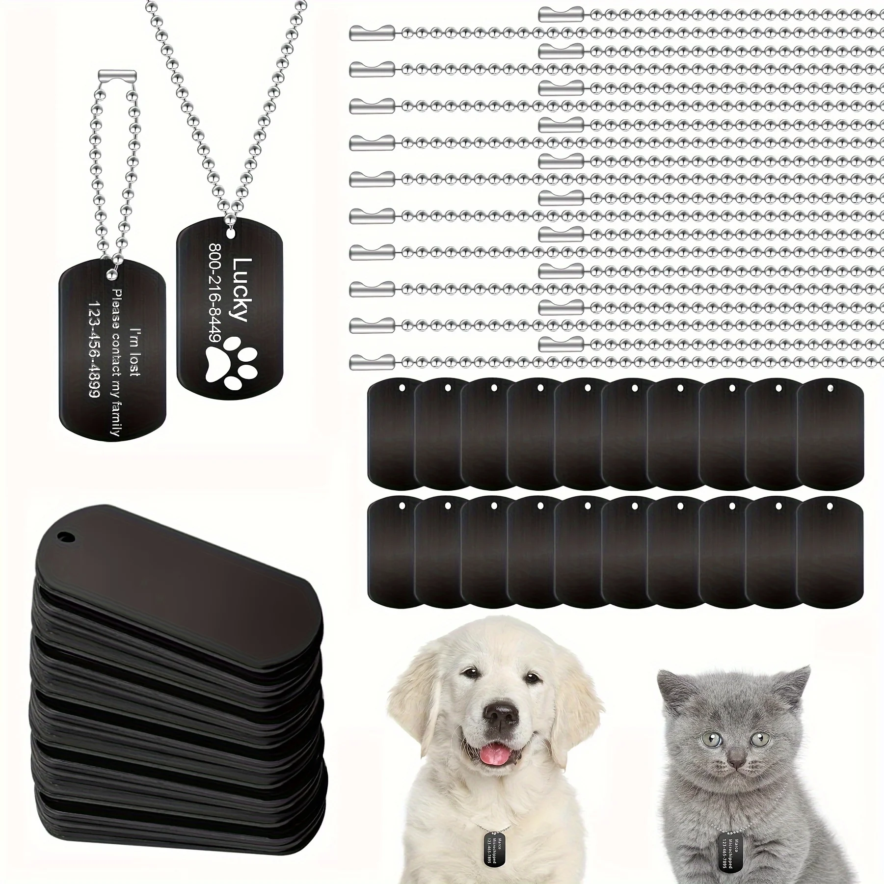 40 Pcs Dog Tags Set Including 20 Pcs Aluminum Blank Dog Tags 20 Pcs Ball Steel Chain Rectangle Blank Tag Metal Stamping Tags for