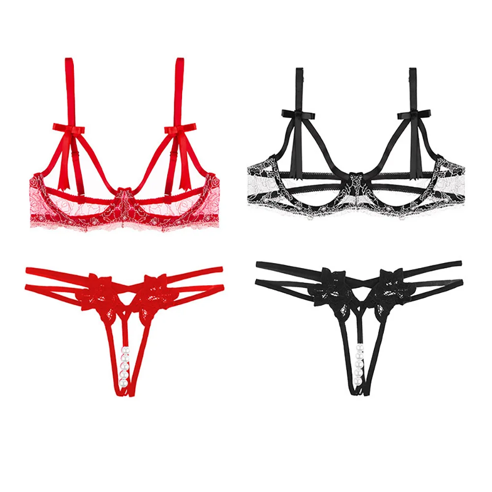 

Women Sexy Lingerie Erotic Lace Temptation Panties Open Crotch Pearl Ultra-Thin Briefs Underwear Bra Set Sexy Bikini Underpants