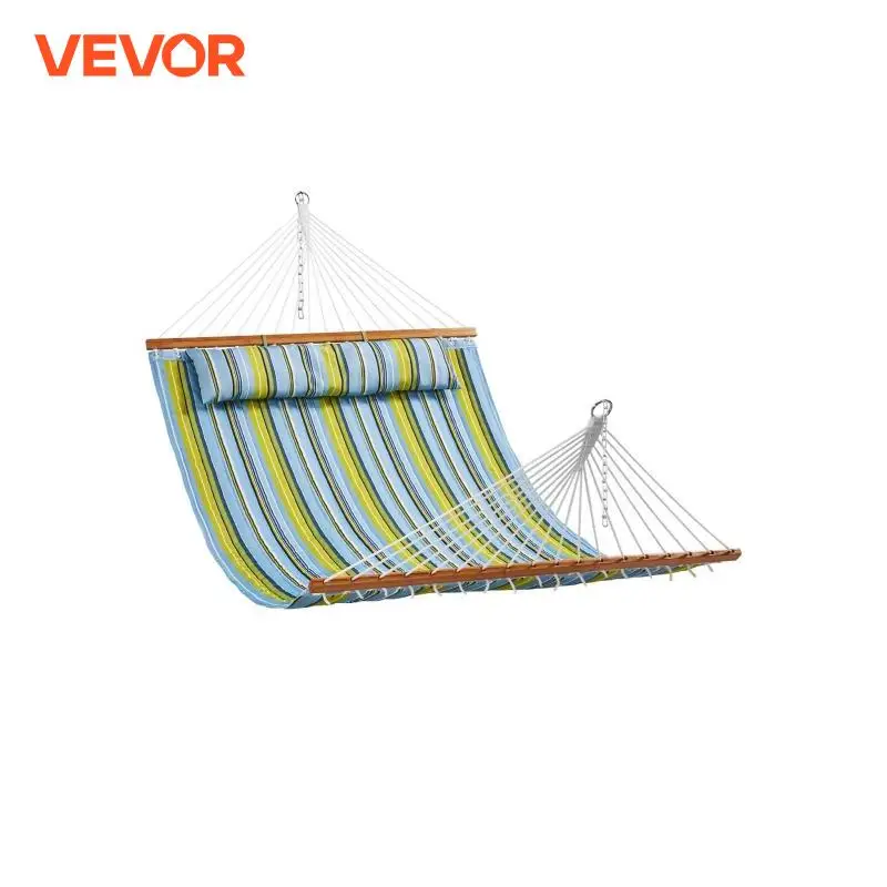 VEVOR 12 FT Double Quilted Fabric Hammock with Hardwood Spreader Bars Detachable Pillow and Chains for Camping Patio Yard Beach