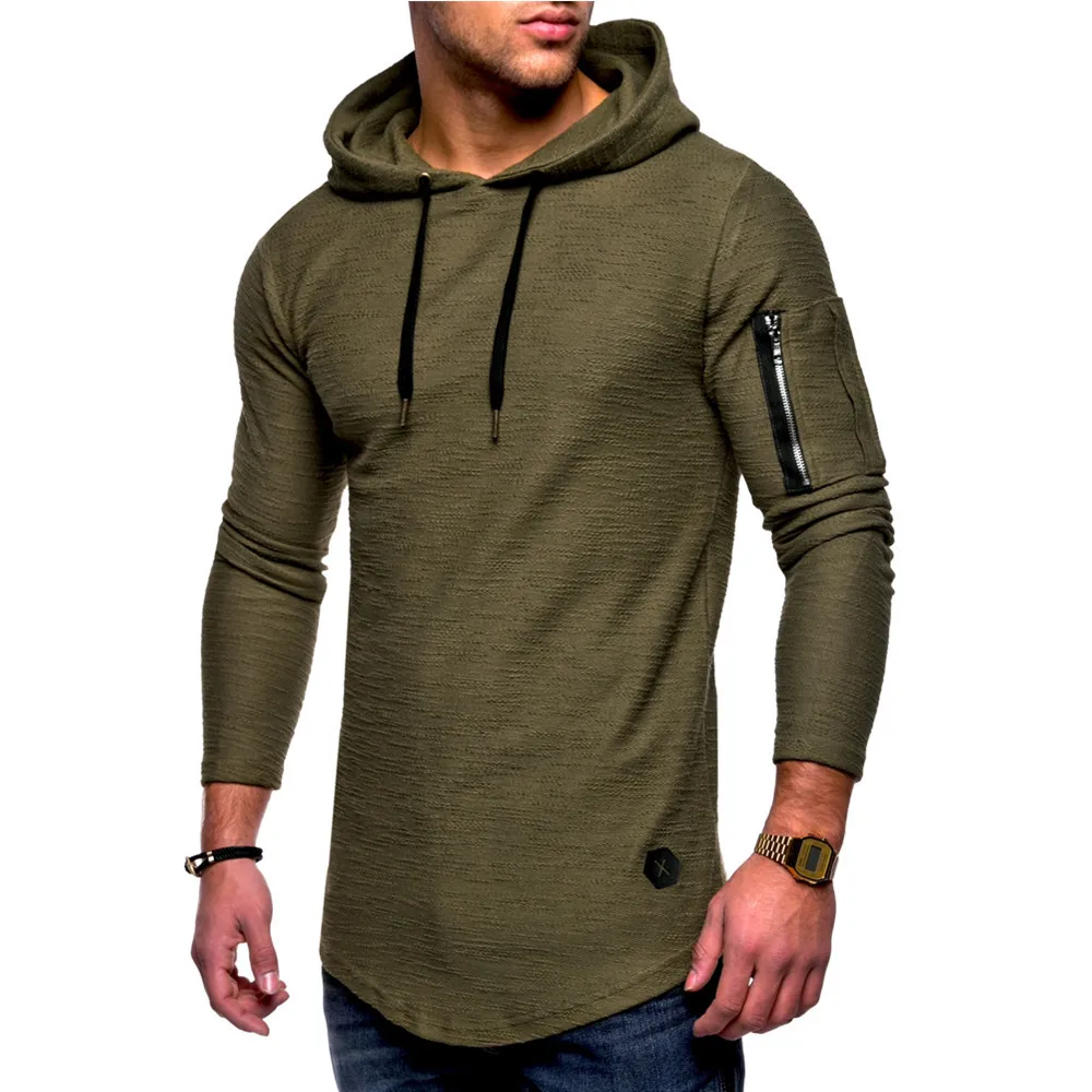 Men's Solid Round Neck Hooded Long Sleeved T-shirt with Arm Zipper Splicing European and American Style Long T-shirt