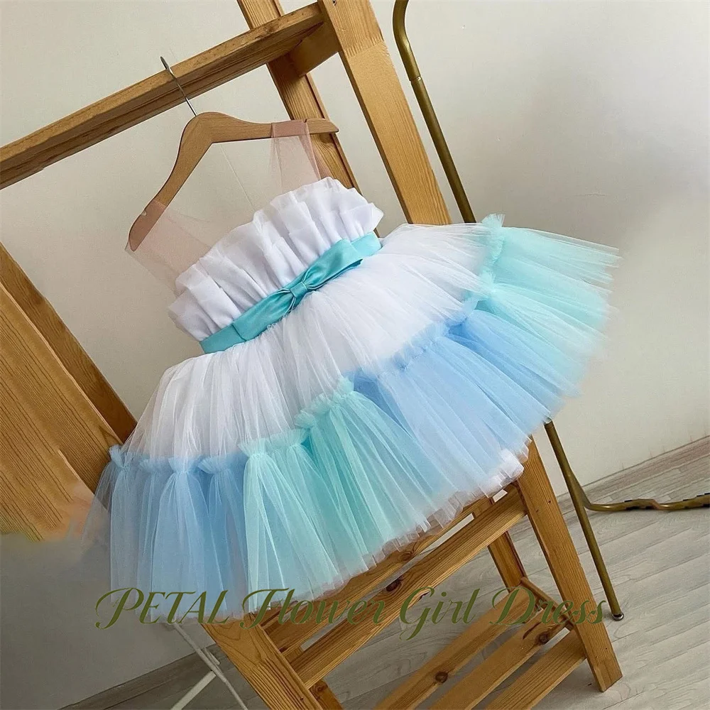 Petal Light Blue Gradient Children Birthday Wedding Dresses Spaghetti Straps First Communion Gown with Belt Girls Princess Dress