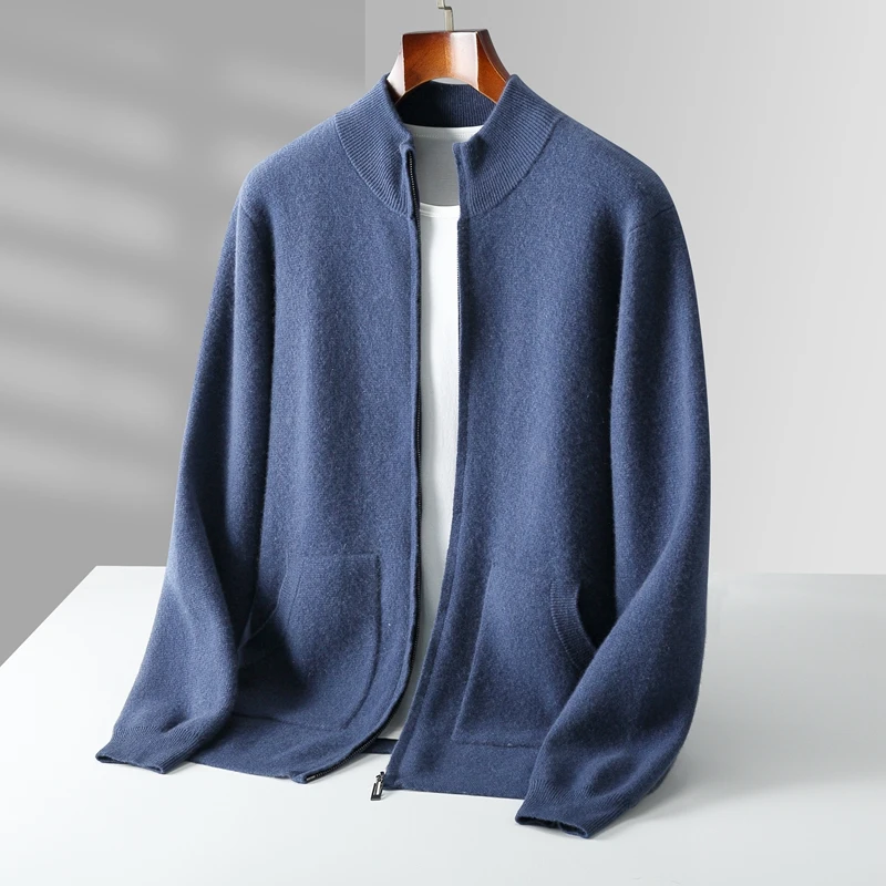 Autumn And Winter New 100% Pure Wool Men's Knitted Semi-Turtleneck Jacket Thickened Zipper Sweater Cashmere coat