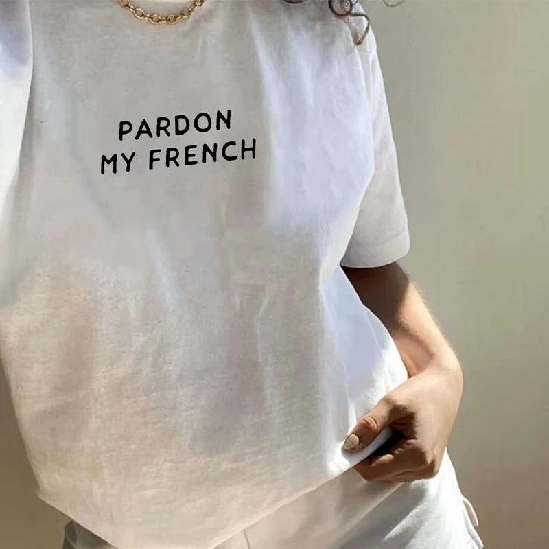 

Pardon My French Letters Printing Women Summer Casual Short Sleeve T Shirts Short Sleeve Loose Cotton Crewneck Basic Tops Tees