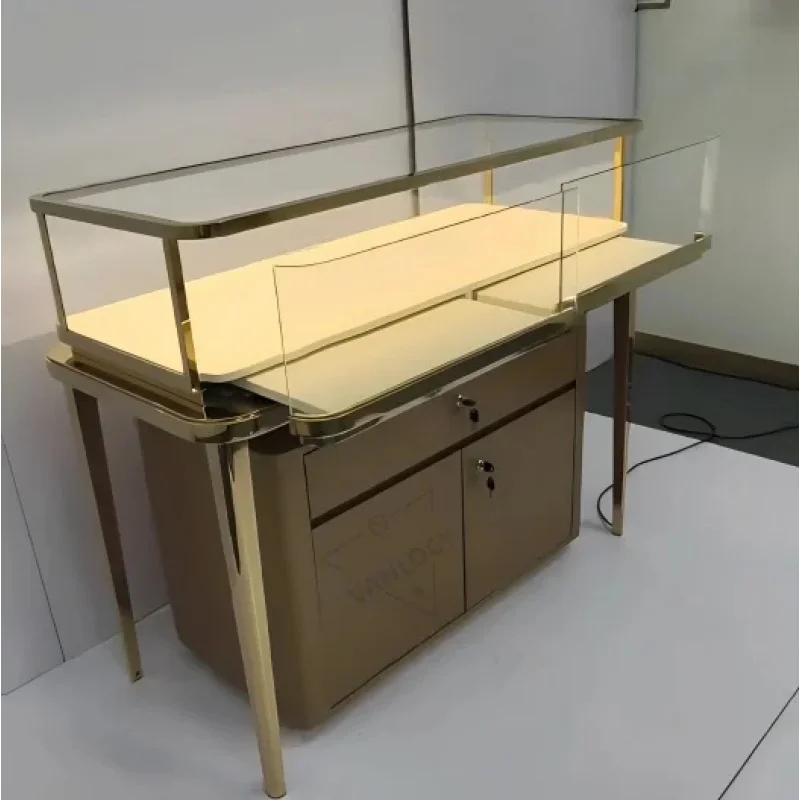 custom.Luxury LED Light Stainless Steel Rectangle Glass Jewelry Showcase Exhibition Wooden Display Counter Retail Store Fixtures