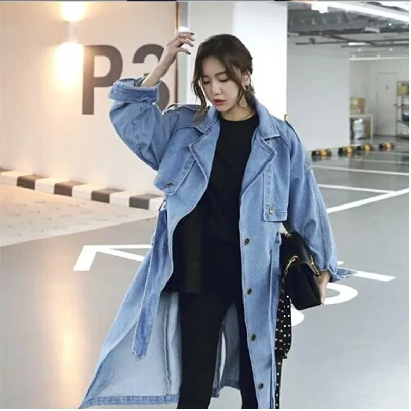 Women Autumn Spring Denim Jacket Coat Outerwear Ladies Vintage Long Coat Female Trench Coat