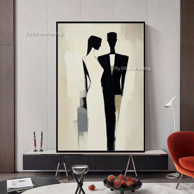 Hand Painted New Black And White People Walking Abstract Oil Painting On Canvas Popular Bedroom Decor Items Beige Artwork