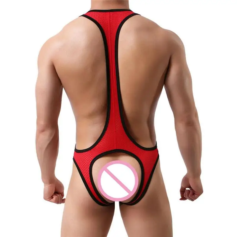 Sexy Mens Undershirts Jockstrap Leotard Mesh Jumpsuits Wrestling Singlet One-piece Bodysuits Backless Sexy Gay Underwear Teddies