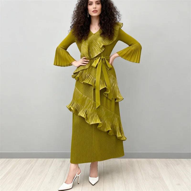 

Miyake Style Pleated Dress for Women 2026 Spring New V-neck Long-sleeved Lace Ruffled Bud Sleeves Large Hem Skirt Dress
