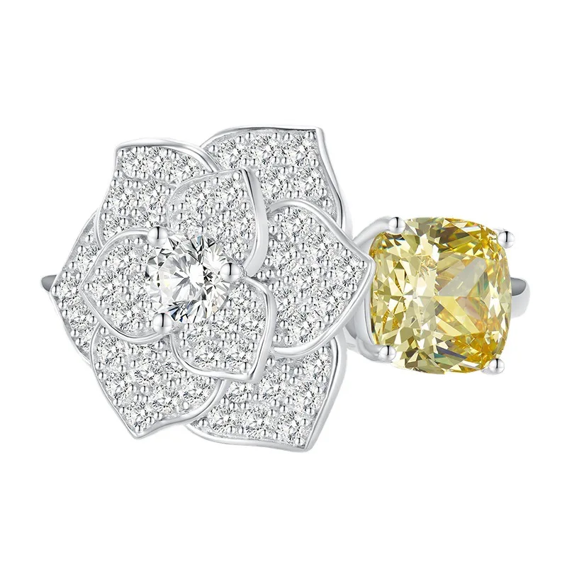 

2023 New S925 Sterling Silver 8 * 8 Yellow Diamond Ice Flower Cut High Grade Feeling Camellia Fashion Ring for Women