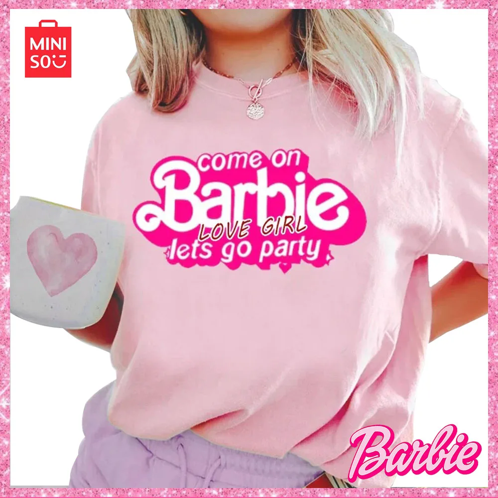 

2023 Miniso Barbie Hot Print Student Casual Loose Short Sleeve Summer Crew Neck Breathable T Shirt Fashion Women Top Christmas