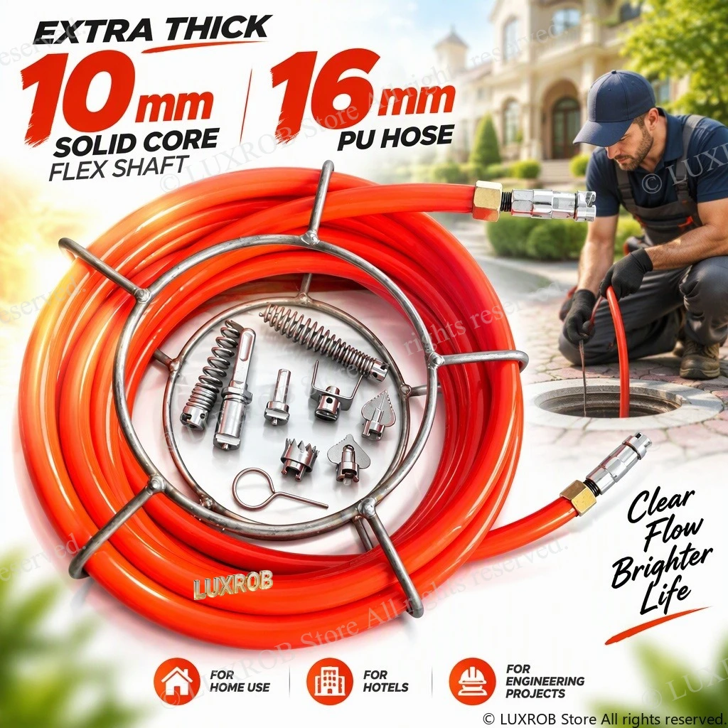 10mm 65Mn Solid Flex Shaft 16mm PU Pipe Cleaning Hose Heavy Duty Sewer Drain Cleaner Snake With Electric Drill Adapter Cutters