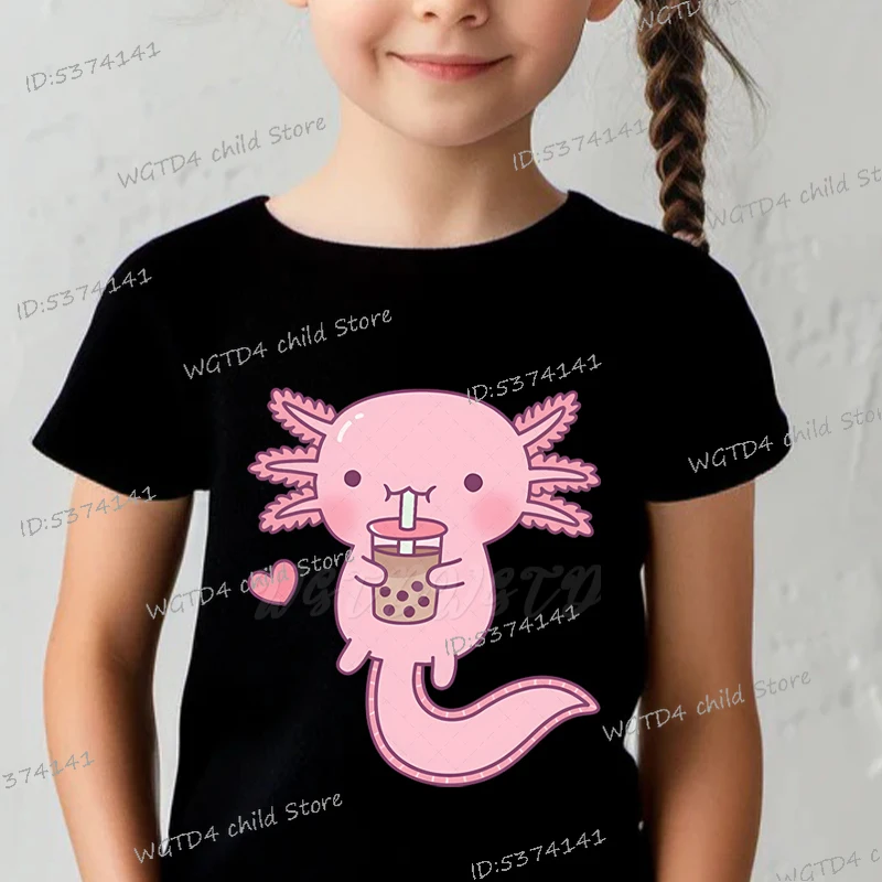 Comic Axolotl Bubble Bobo Tea Cartoon Summer Kids T-shirt Outdoor Casual Short Sleeve Y2K Tops Funny Axolotl Trendy Boy Girl Tee