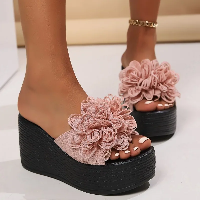 

2014 Wedges Sandals Women Slippers Summer Beach Platform Shoes Flower Slippers Women High Heel Slippers Women Fashion