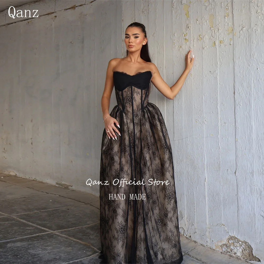

Qanz Luxury Black Lace Evening Dresses Sweetheart Long A Line Skin Tone Lining Robe de Soirée Formal Dresses Woman Customized